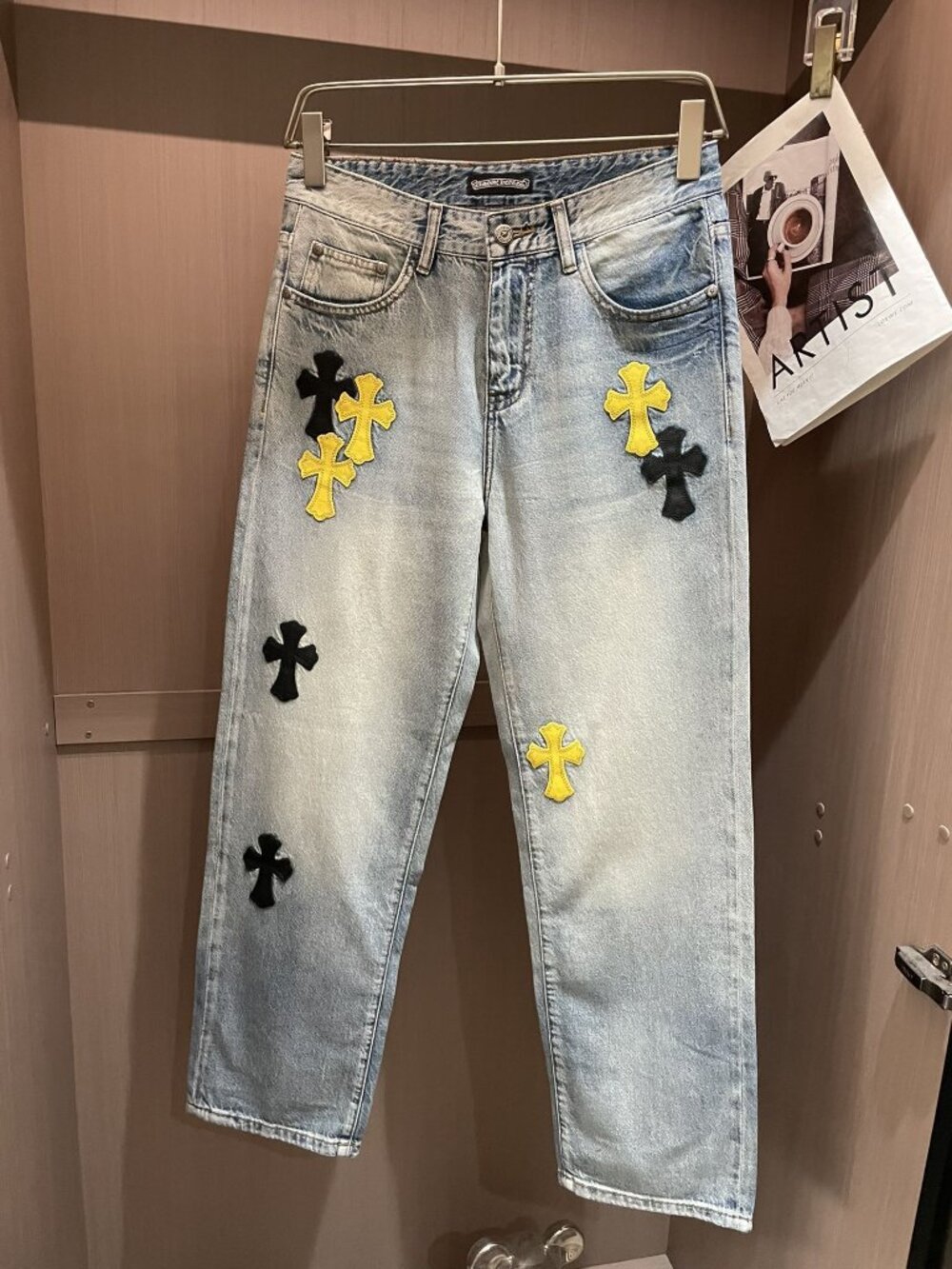 Chrome Hearts Light Wash Straight-Leg Jeans with Yellow & Black Cross Patches